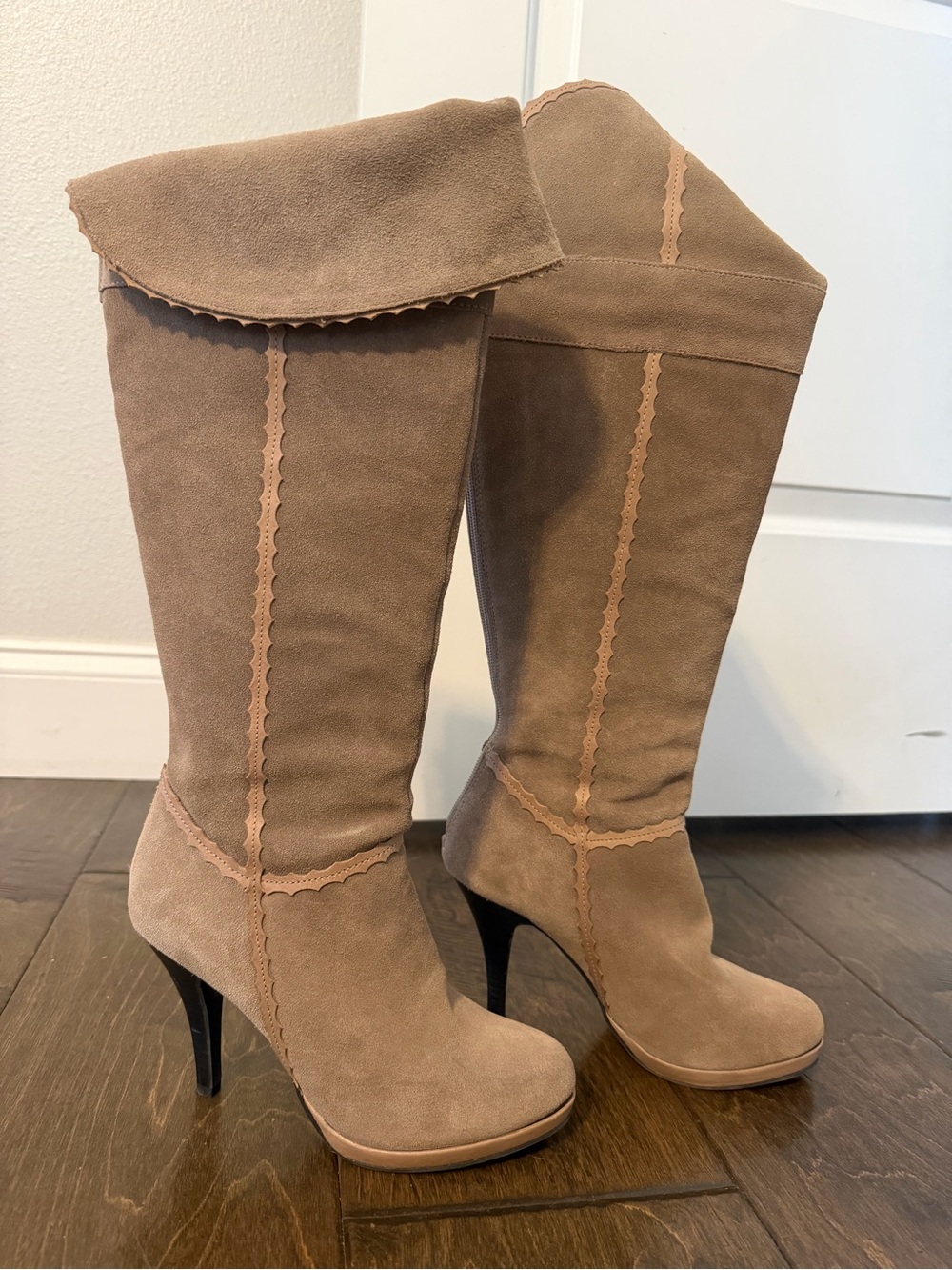 Reba Taupe Suede Knee-High Scalloped Heeled Boots